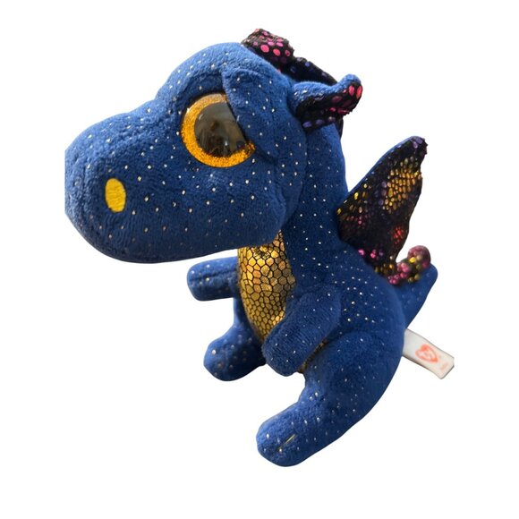 Ty Beanie Boo Saffire Blue Dragon Plush Stuffed Animal Gold Glitter Eyes 6" - Picture 1 of 6